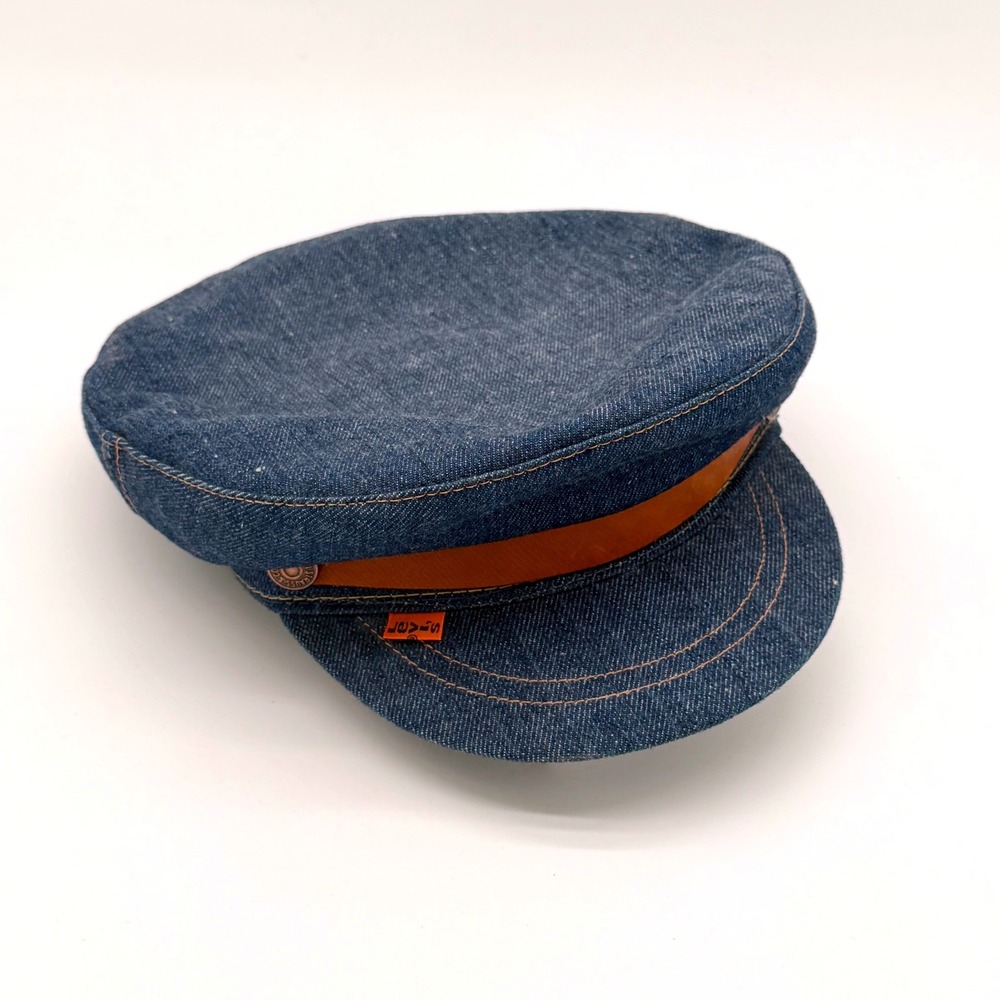 Vintage 1970s Levi's Orange Tab Denim Engineer Newsboy Cap Leather Band L V8